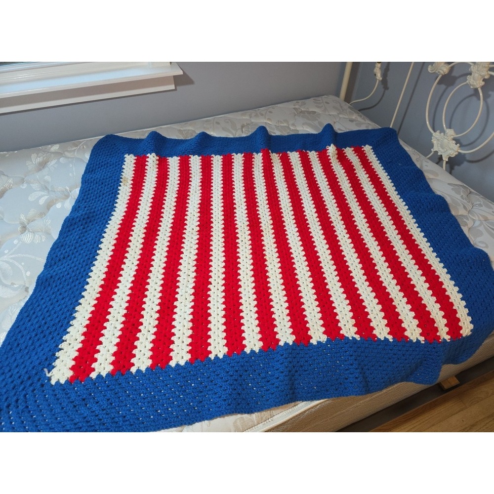 Crochet Afghan Blanket Throw Red White Blue Striped rectangle 55x49" Granny Core - Picture 4 of 6